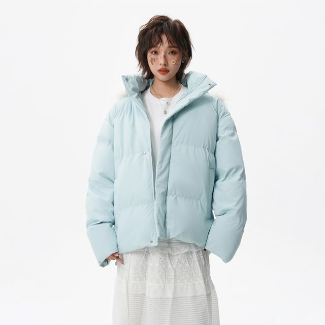 Samso-Stand Collar Plain Fluffy Trim Hood Zip Puffer Jacket