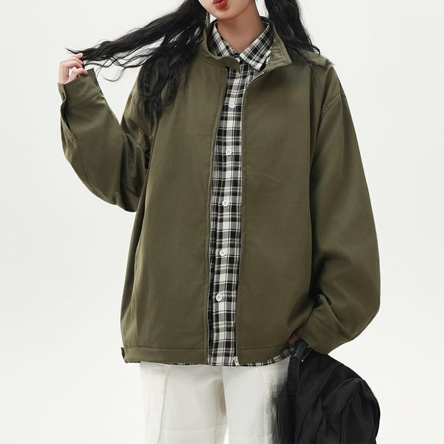 Samso-Stand Collar Plain Zip Jacket