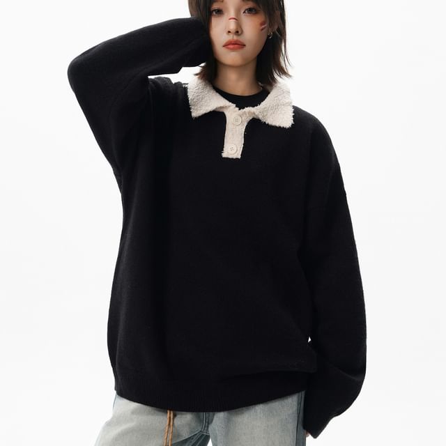 Samso-Two Tone Oversized Polo Pullover