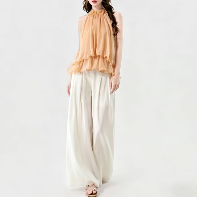 sansweet-Halter Neck Plain Layered Sheer Top Low Rise Washed Flared Jeans High Waist Wide Leg Pants Set