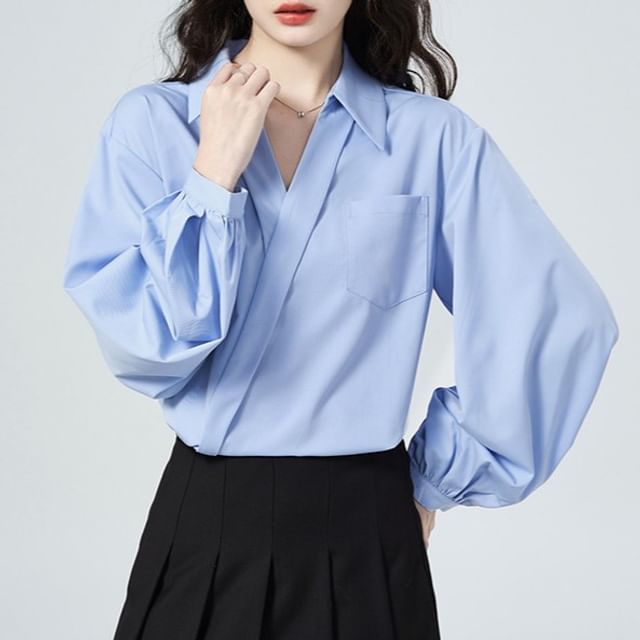sansweet-Long Sleeve Collared V-Neck Plain Wrap Blouse