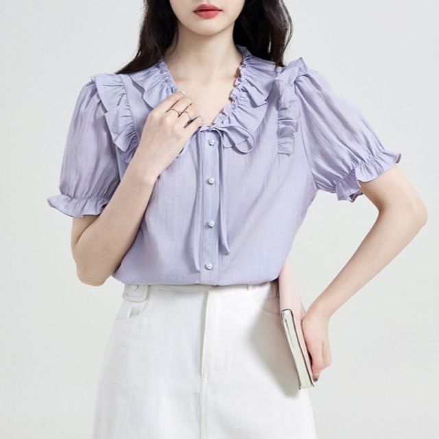 sansweet-Puff-Sleeve V-Neck Frill Trim Button-Up Plain Blouse
