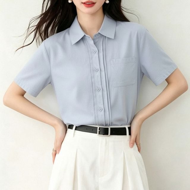 sansweet-Short-Sleeve Collared Pintuck Button-Up Plain Blouse