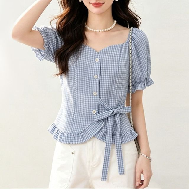 sansweet-Short-Sleeve Square Neck Plaid Crop Top