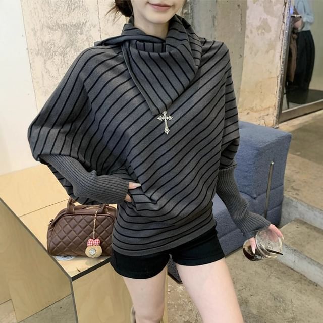 satierra-Batwing-Sleeve Mock Neck Striped Knit Top