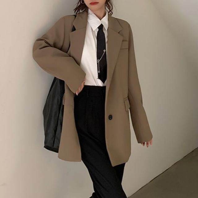 satierra-Button-Up Plain Blazer