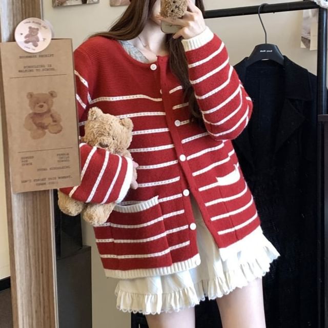 satierra-Button-Up Striped Cardigan