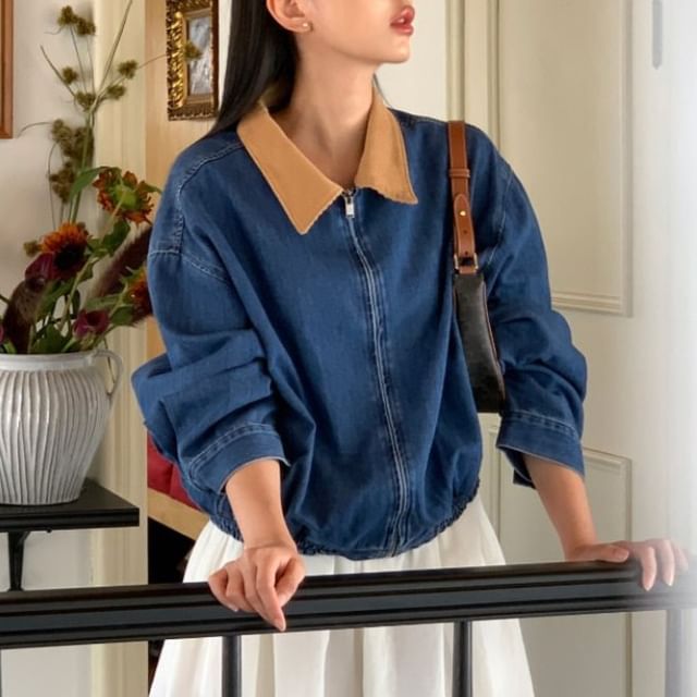 satierra-Collar Denim Zip Jacket