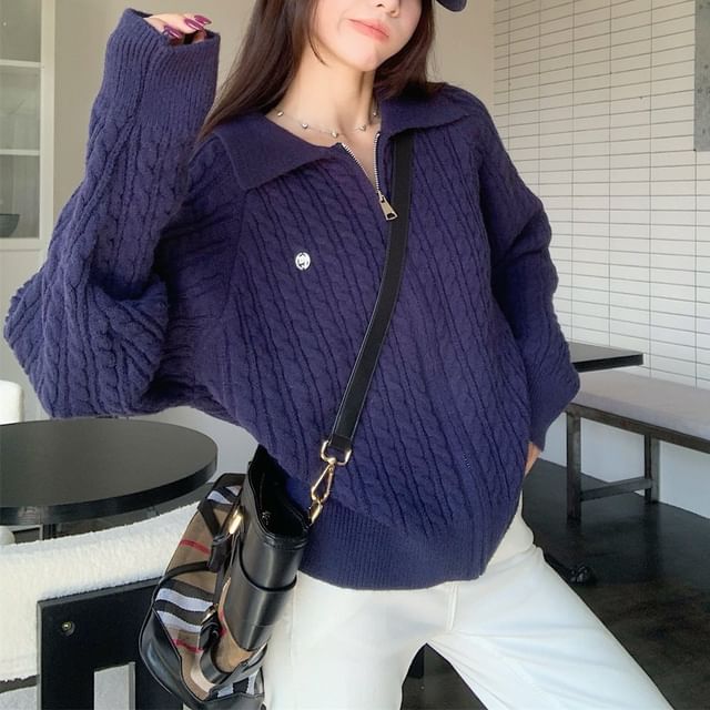 satierra-Collared Plain Cable Knit Zip Cardigan