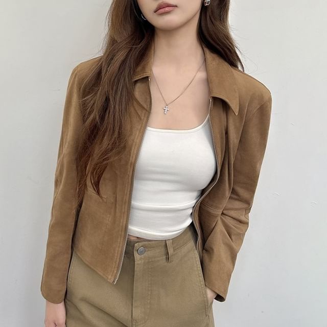 satierra-Collared Plain Faux Suede Zip Jacket