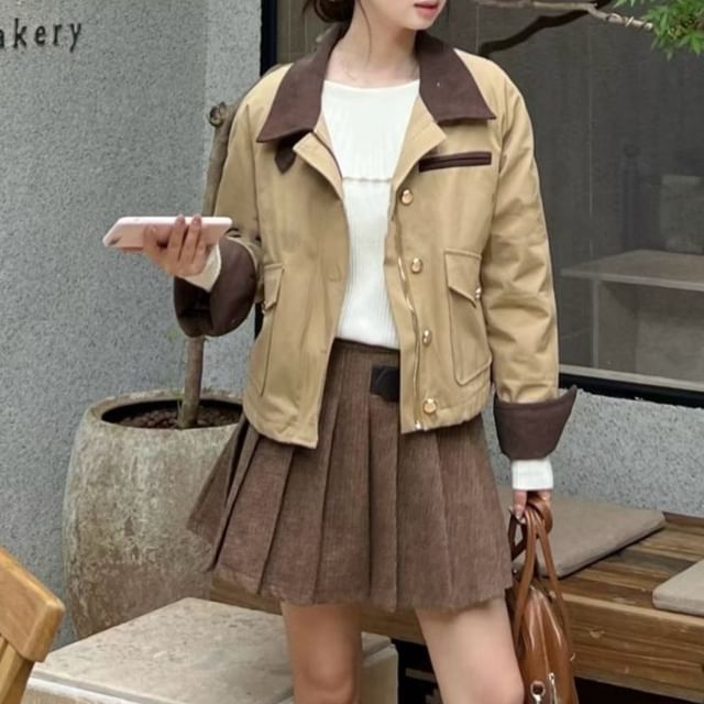 satierra-Collared Two Tone Panel Corduroy Button Barn Jacket High Rise Plaid Pleated Mini A-Line Skirt