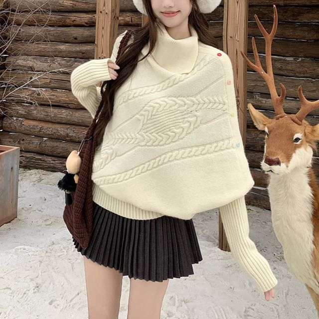 satierra-Cowl Neck Cable Knit Plain Sweater