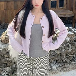 satierra-Crew Neck Button-Up Plain Crop Cardigan