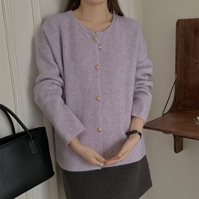 satierra-Crewneck Button-Up Plain Cardigan
