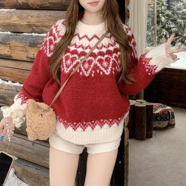 satierra-Crewneck Jacquard Sweater