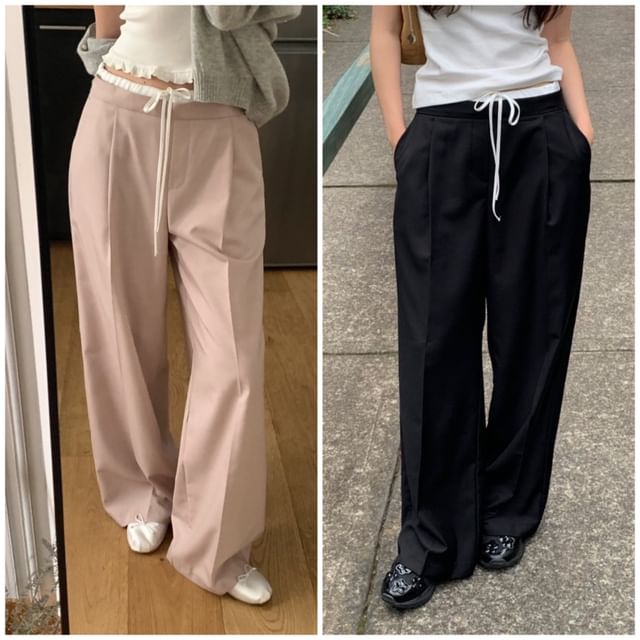 satierra-Drawstring Waist Contrast Trim Wide Leg Pants