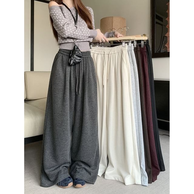 satierra-Drawstring Waist Plain Wide Leg Pants