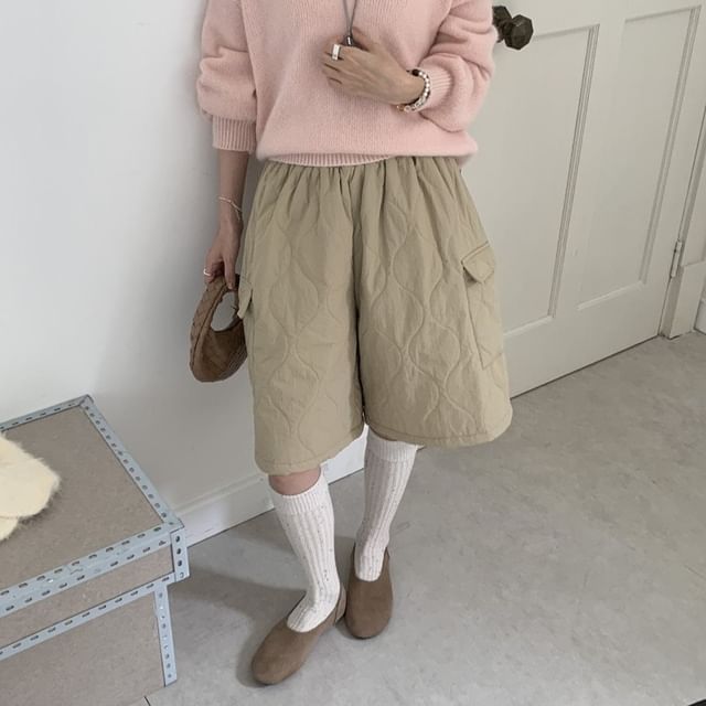 satierra-Elastic Waist Plain Quilted Bermuda Shorts
