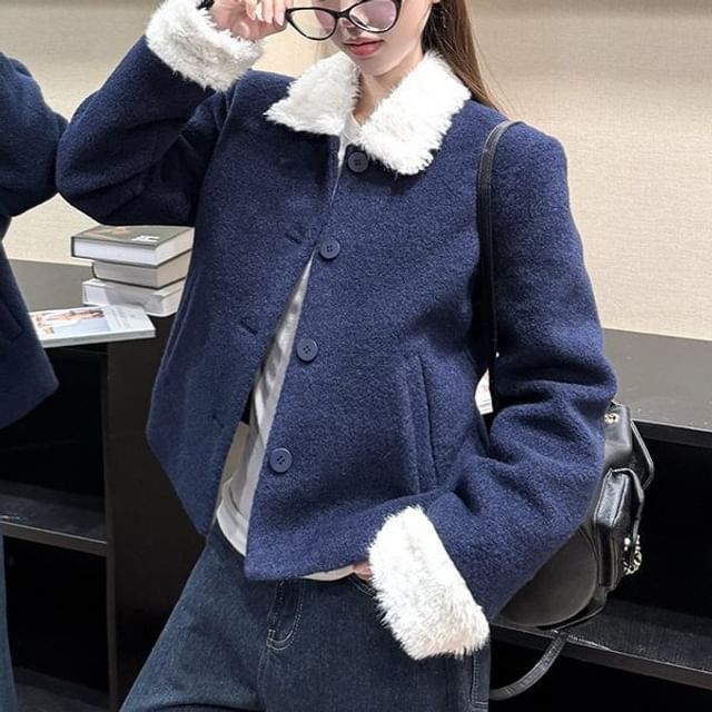 satierra-Faux Fur Collared Button-Up Crop Jacket