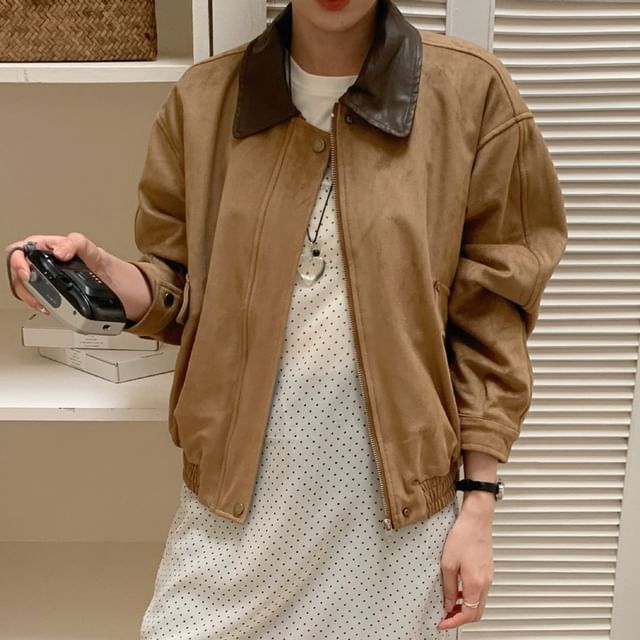satierra-Faux Leather Collar Zip-Up Jacket