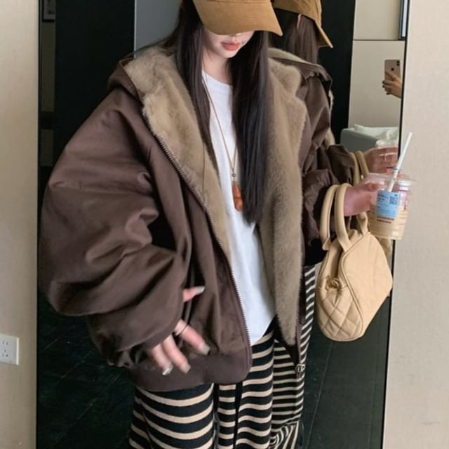 satierra-Hooded Fleece-Lined Zip Jacket Drawstring Waist Striped Wide Leg Knit Pants