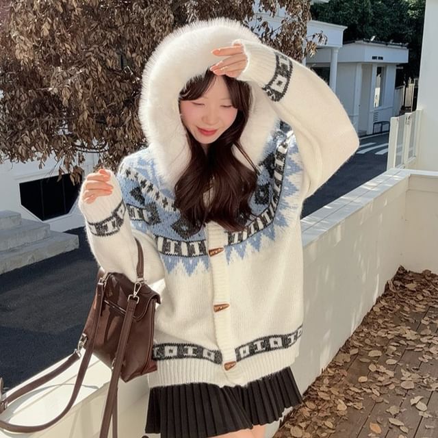 satierra-Jacquard Fluffy Trim Hooded Toggle Cardigan