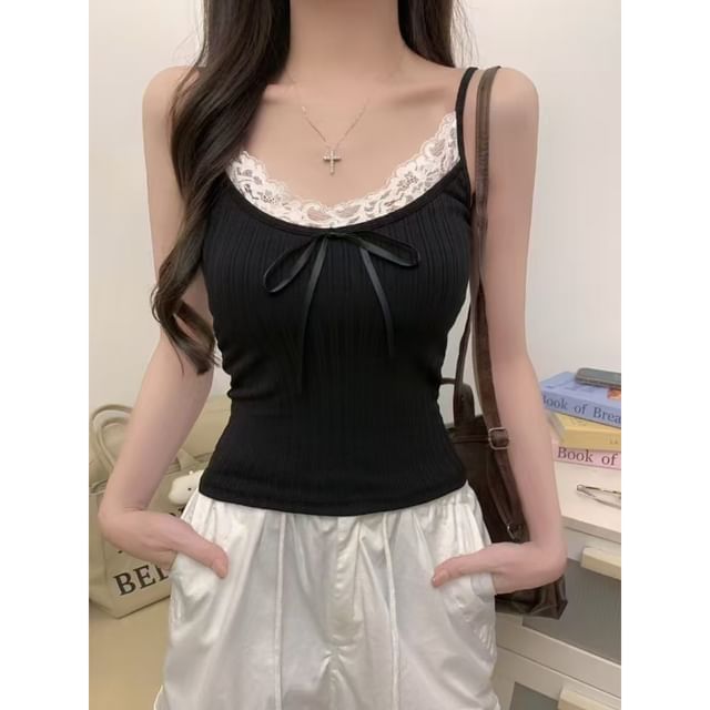 satierra-Lace Trim Crop Cami Top