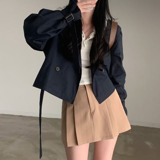 satierra-Lapel Collar Plain Crop Jacket