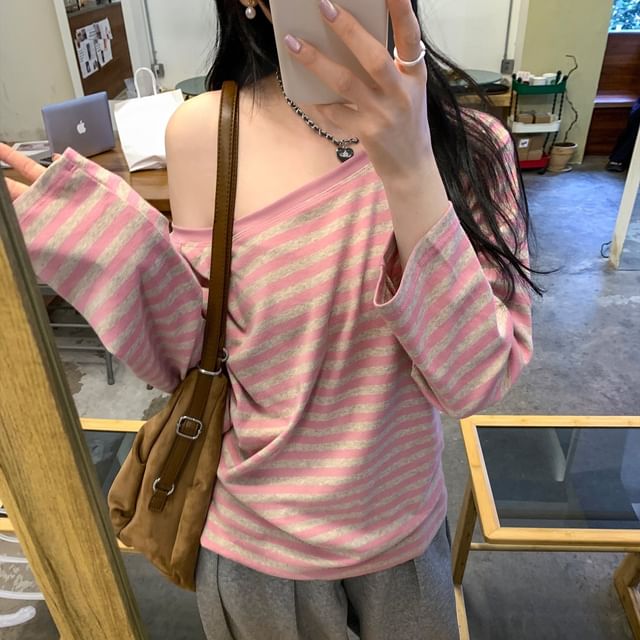 satierra-Long-Sleeve Cold Shoulder Striped Tee
