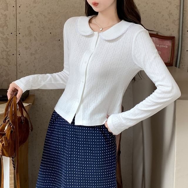 satierra-Long Sleeve Collared Plain Pointelle Button Top