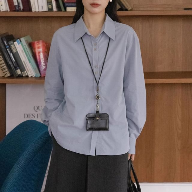 satierra-Long Sleeve Collared Plain Shirt