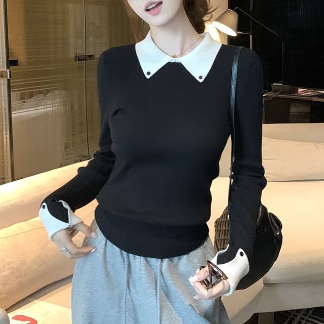 satierra-Long Sleeve Collared Two Tone Mock Two Piece Knit Top
