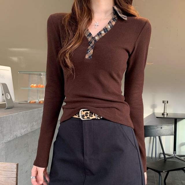 satierra-Long Sleeve Collared V-Neck Plaid Panel Top