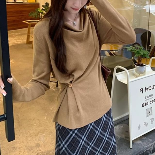 satierra-Long-Sleeve Cowl Neck Plain Buttoned Knit Top