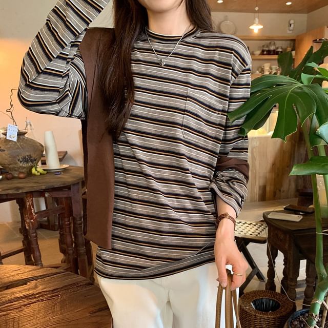 satierra-Long Sleeve Crew Neck Striped Tee
