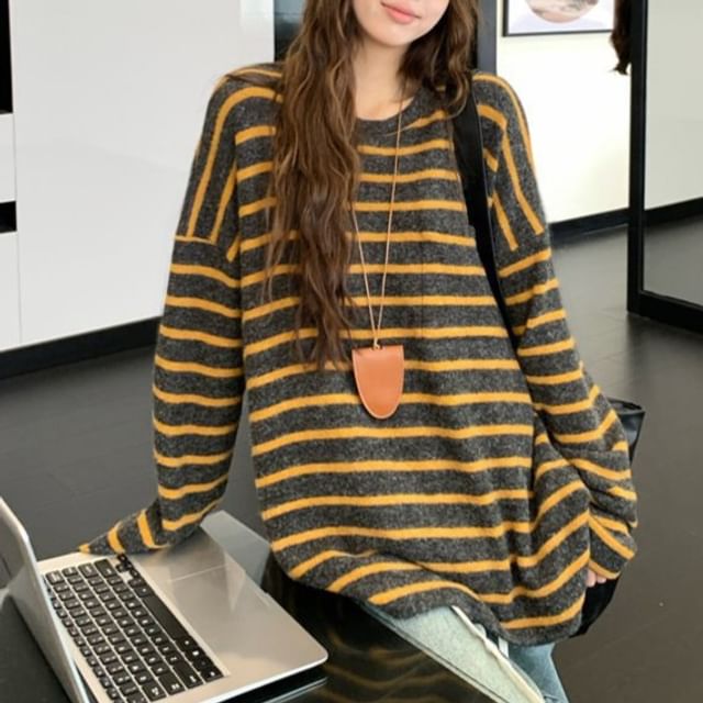 satierra-Long-Sleeve Crewneck Striped Tee