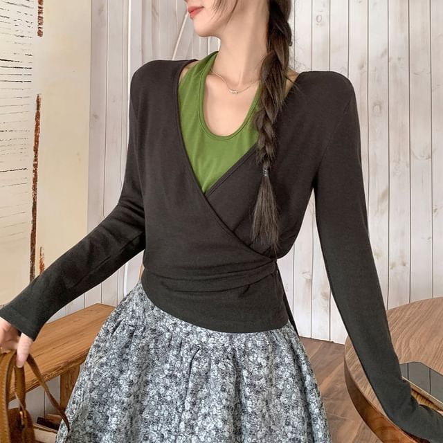 satierra-Long Sleeve Halter Mock Two Piece Wrap Top