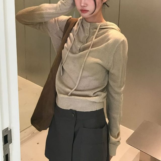 satierra-Long-Sleeve Henley Drawstring Hooded Knit Top