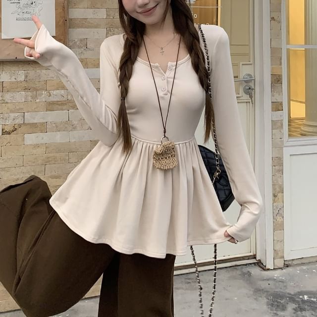 satierra-Long-Sleeve Henley Plain Flowy Top