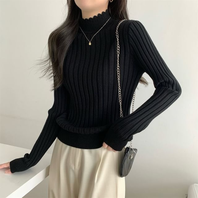satierra-Long-Sleeve Mock Neck Plain Knit Top