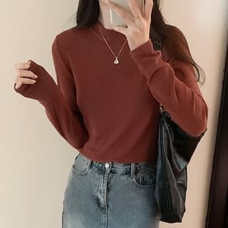 satierra-Long-Sleeve Mock Neck Plain T-Shirt