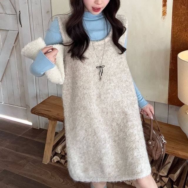 satierra-Long Sleeve Mock Neck Plain Top Crew Neck Plain Knit Mini A-Line Dungaree Dress