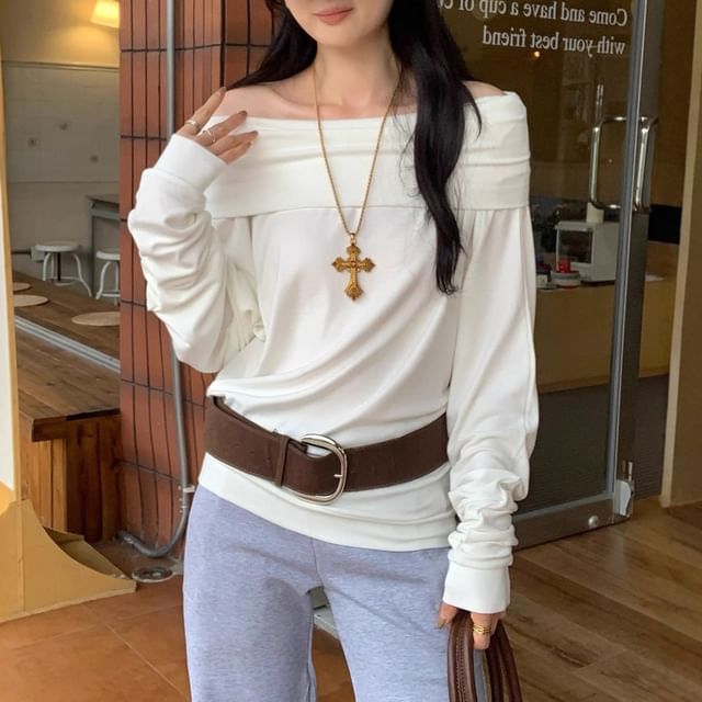 satierra-Long-Sleeve Off-Shoulder Plain T-Shirt