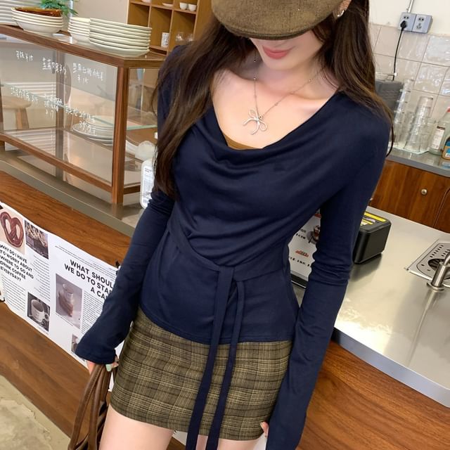 satierra-Long-Sleeve Off Shoulder Plain Tee