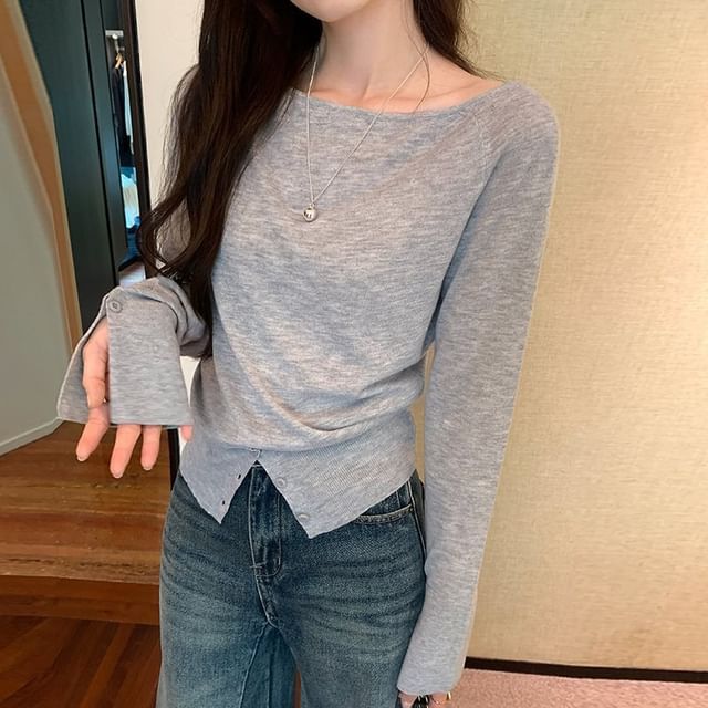 satierra-Long Sleeve One Shoulder Plain Button Slit Knit Top