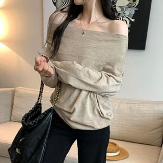 satierra-Long Sleeve One Shoulder Plain Knit Top