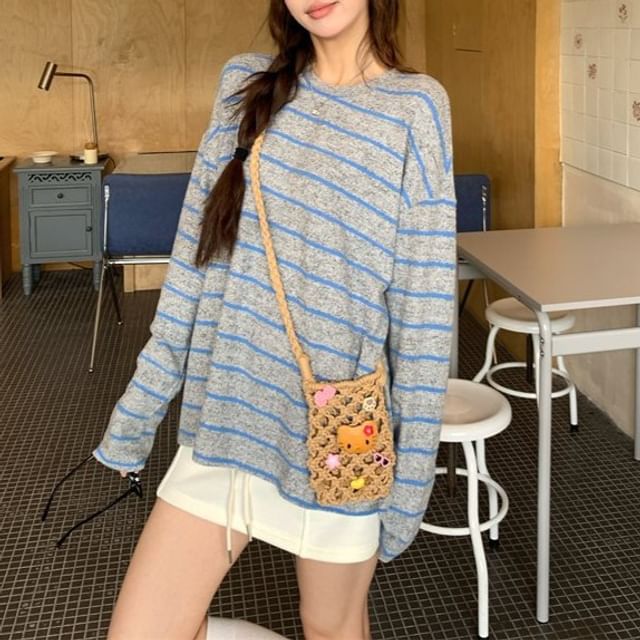 satierra-Long Sleeve Round Neck Striped Top