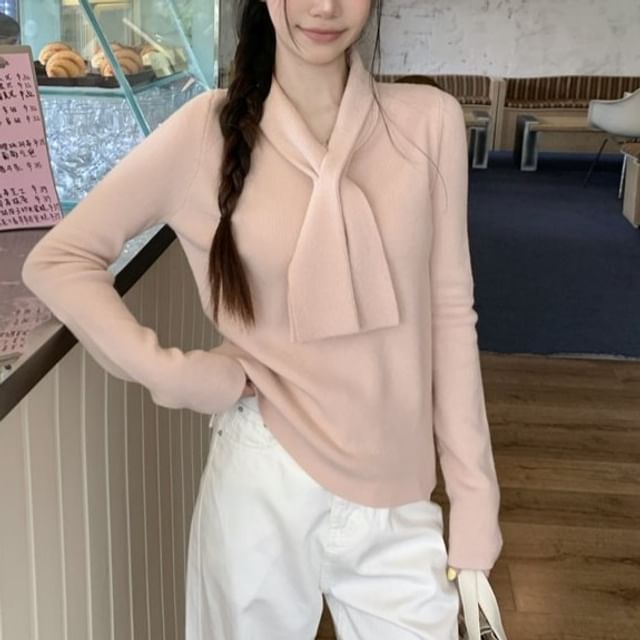 satierra-Long-Sleeve Scarfed Plain Knit Top