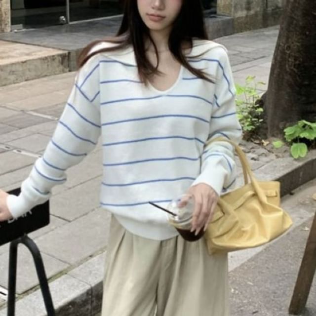 satierra-Long-Sleeve Striped Knit Polo Top