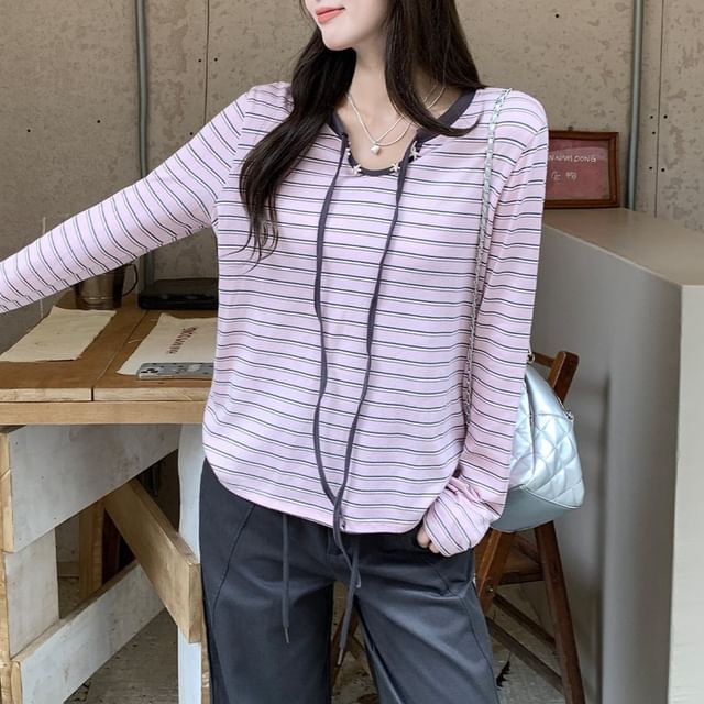 satierra-Long Sleeve Tie Neck Striped Tee
